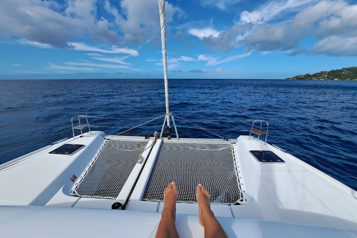Deck of Pyrat, a Lagoon 42 catamaran at Eden Island Marina, Seychelles