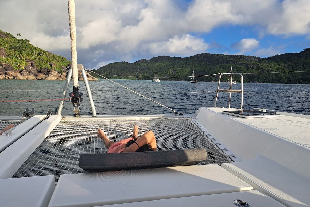 Deck of Pyrat, a Lagoon 42 catamaran at Eden Island Marina, Seychelles
