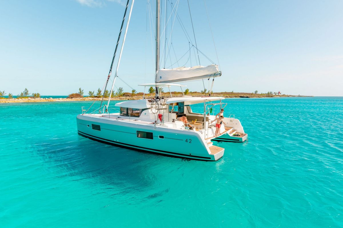 Exterior view of Pyrat, a Lagoon 42 catamaran at Eden Island Marina, Seychelles