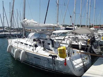 Deck of Virgo, a Beneteau First 35 sailboat at Jezera, Croatia