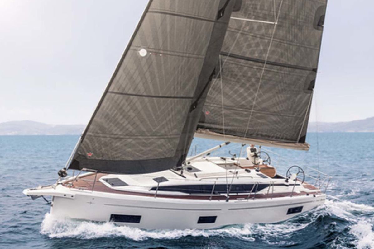 Exterior view of Ithakiss, a Bavaria C38 sailboat at Municipal Unit of Sikyona, Greece