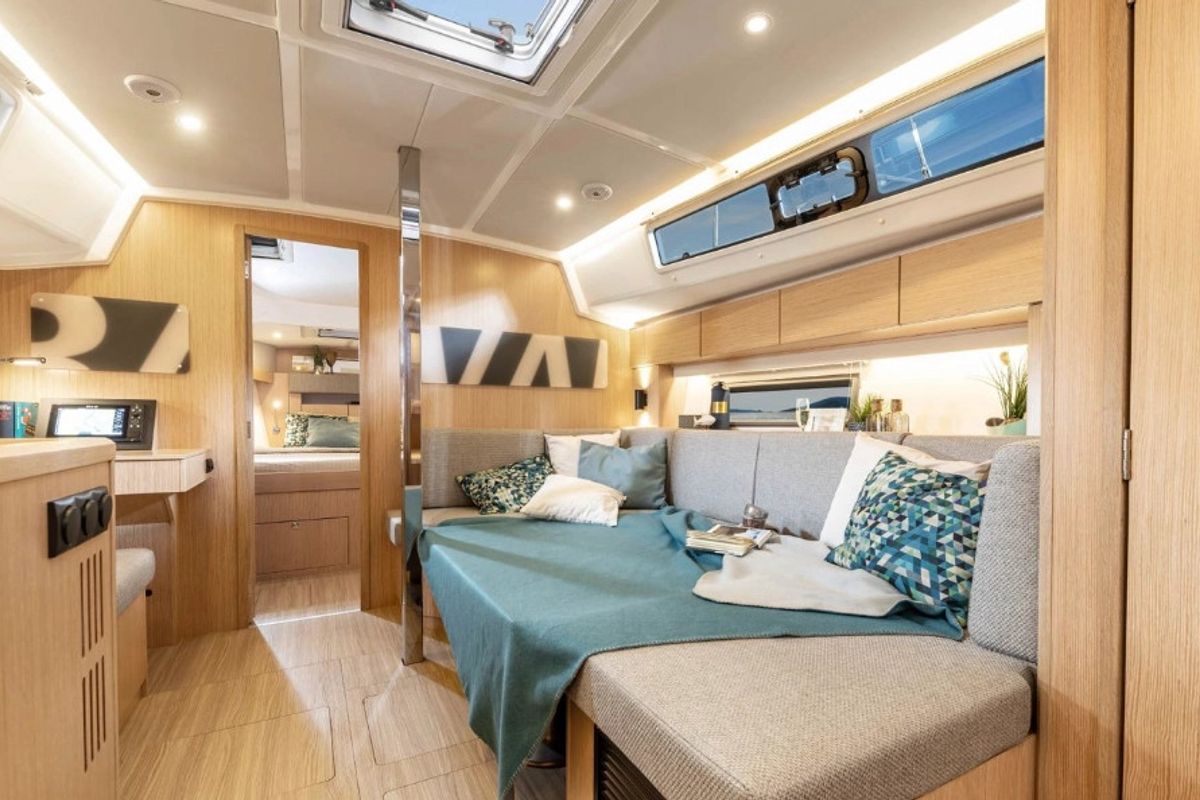 Salon of Ithakiss, a Bavaria C38 sailboat at Municipal Unit of Sikyona, Greece