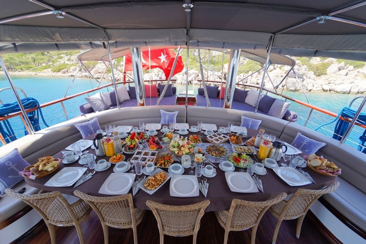 Deck of Kaptan Mehmet Bugra, a Gulet Gulet gulet at Marmaris, Turkey
