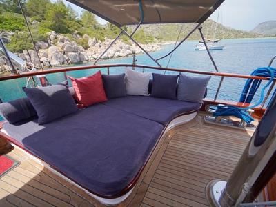 Deck of Kaptan Mehmet Bugra, a Gulet Gulet gulet at Marmaris, Turkey