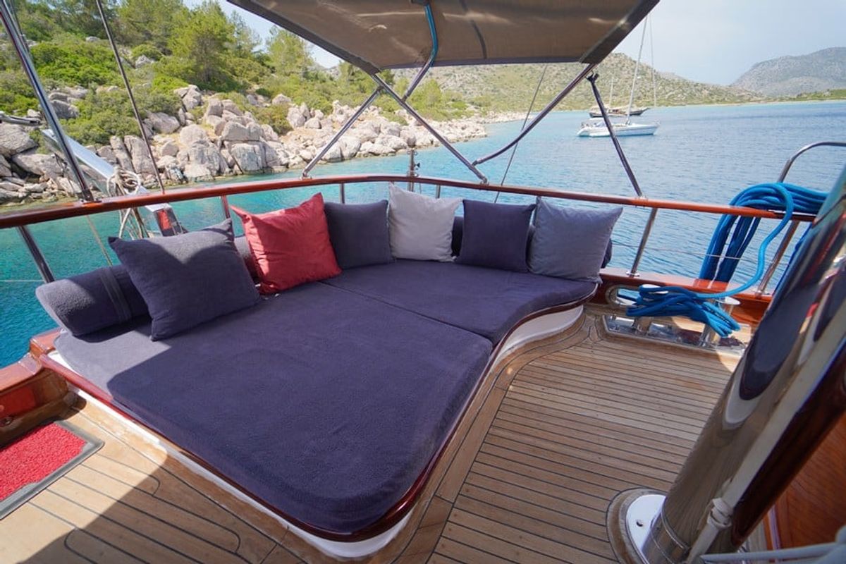 Deck of Kaptan Mehmet Bugra, a Gulet Gulet gulet at Marmaris, Turkey