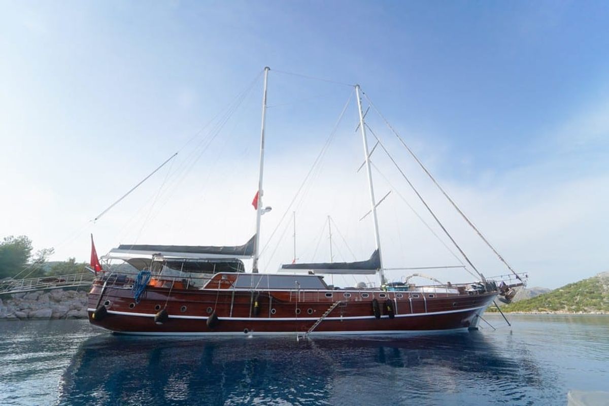 Exterior view of Kaptan Mehmet Bugra, a Gulet Gulet gulet at Marmaris, Turkey