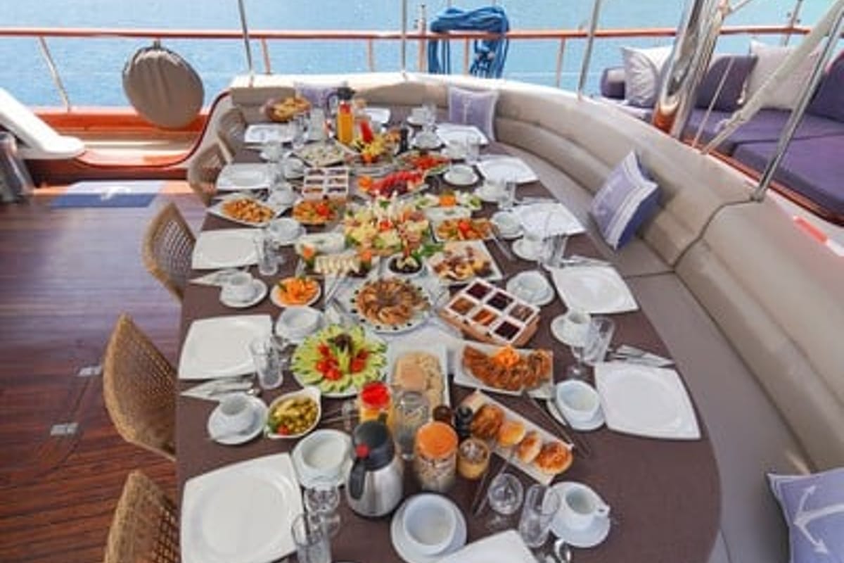 Deck of Kaptan Mehmet Bugra, a Gulet Gulet gulet at Marmaris, Turkey