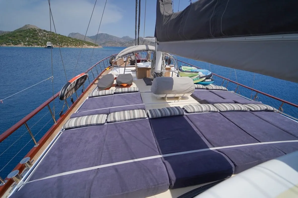 Deck of Kaptan Mehmet Bugra, a Gulet Gulet gulet at Marmaris, Turkey