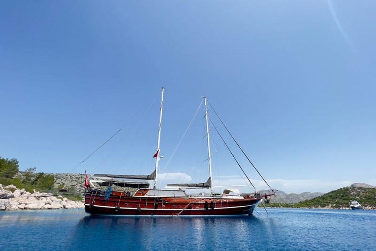 Exterior view of Kaptan Mehmet Bugra, a Gulet Gulet gulet at Marmaris, Turkey