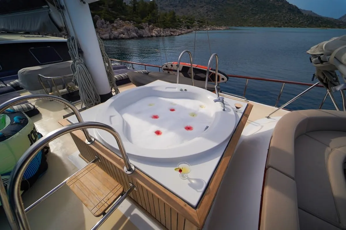 Deck of Kaptan Mehmet Bugra, a Gulet Gulet gulet at Marmaris, Turkey