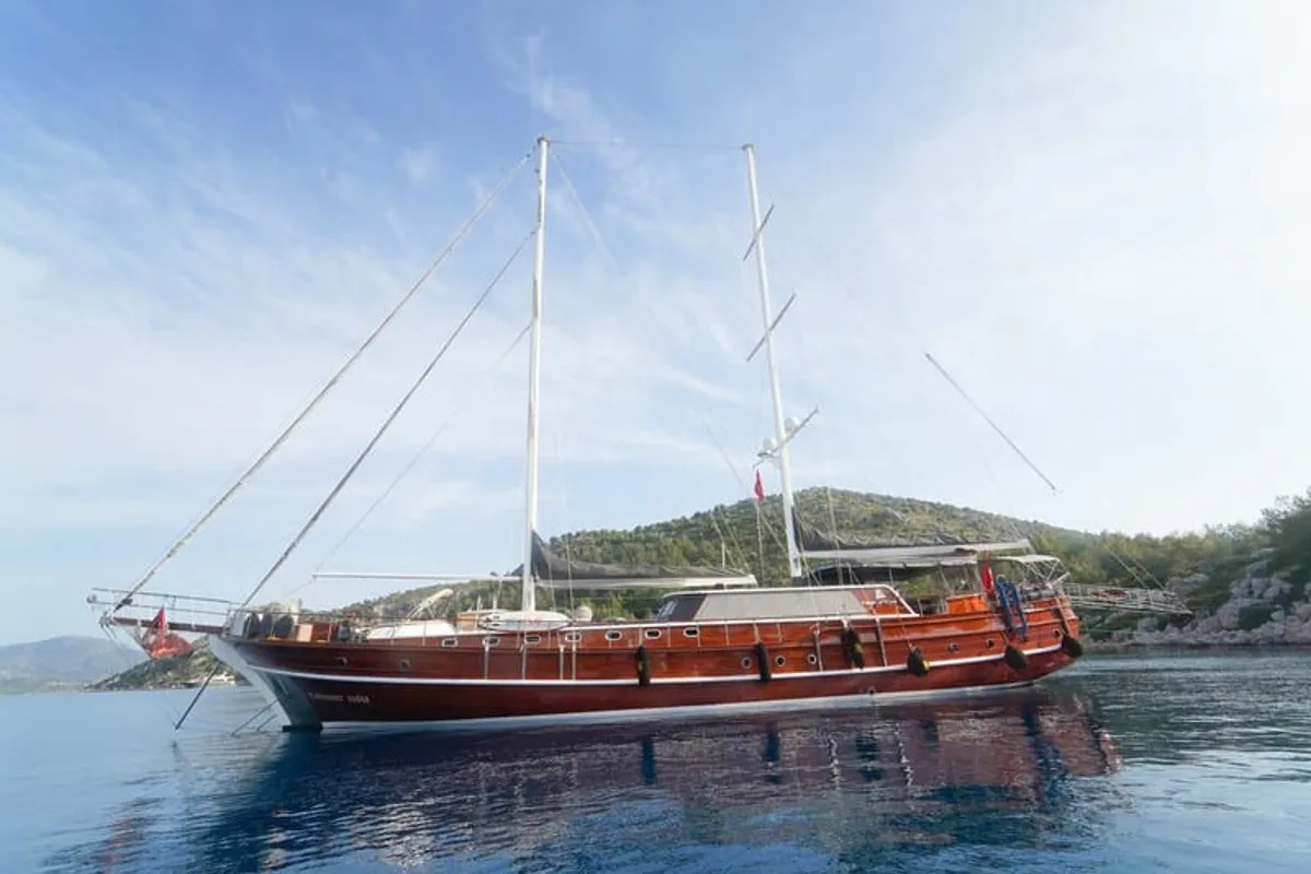 Exterior view of Kaptan Mehmet Bugra, a Gulet Gulet gulet at Marmaris, Turkey