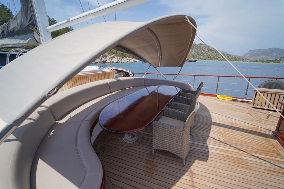 Deck of Kaptan Mehmet Bugra, a Gulet Gulet gulet at Marmaris, Turkey