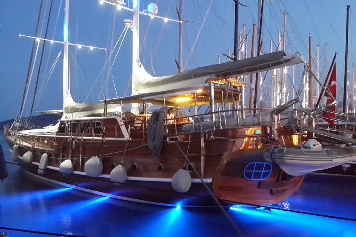 Exterior view of Kaptan Mehmet Bugra, a Gulet Gulet gulet at Marmaris, Turkey