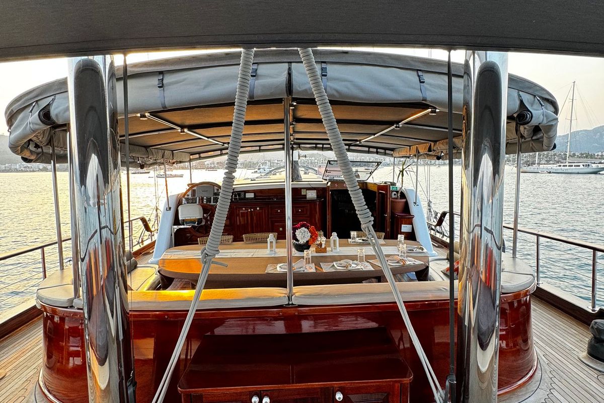 Deck of Kaptan Mehmet Bugra, a Gulet Gulet gulet at Marmaris, Turkey