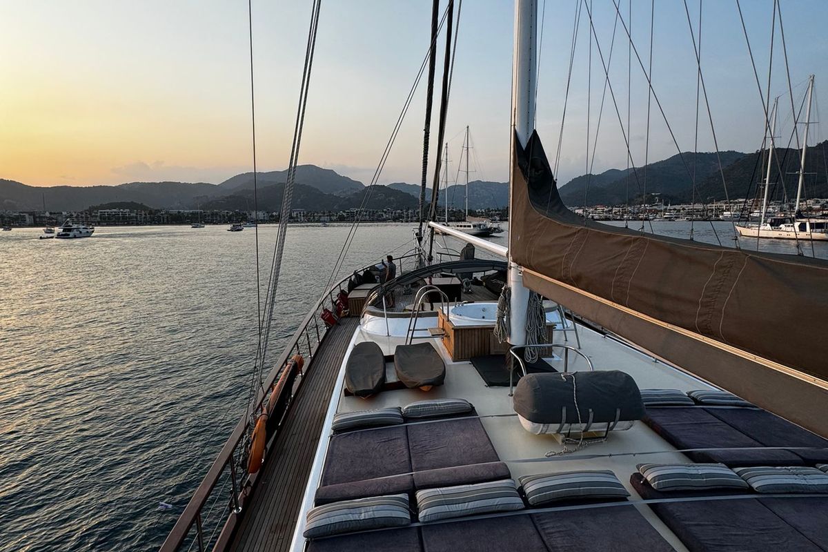 Deck of Kaptan Mehmet Bugra, a Gulet Gulet gulet at Marmaris, Turkey