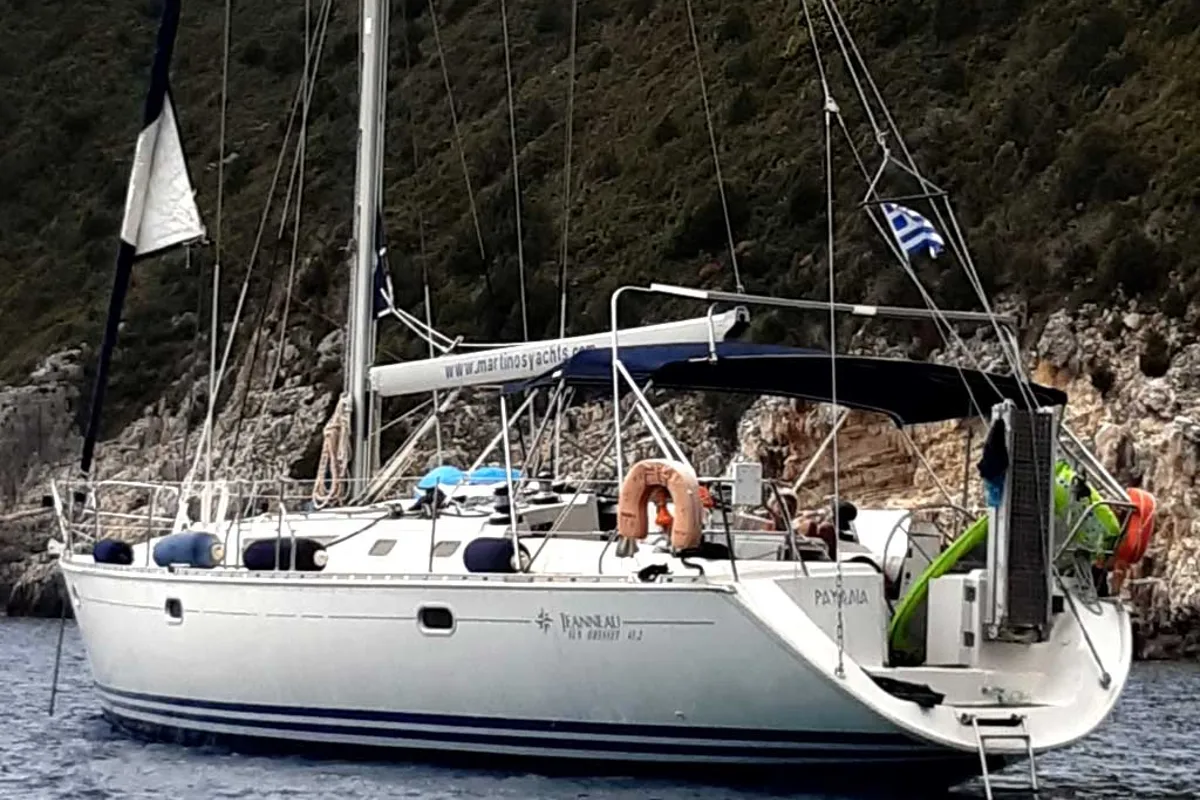Exterior view of Rapsodia, a Jeanneau Sun Odyssey 45.2 sailboat at Gouvia, Greece