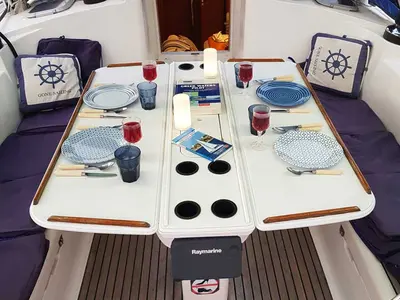Deck of Rapsodia, a Jeanneau Sun Odyssey 45.2 sailboat at Gouvia, Greece