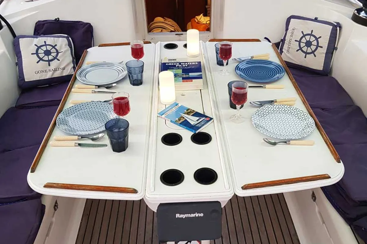 Deck of Rapsodia, a Jeanneau Sun Odyssey 45.2 sailboat at Gouvia, Greece