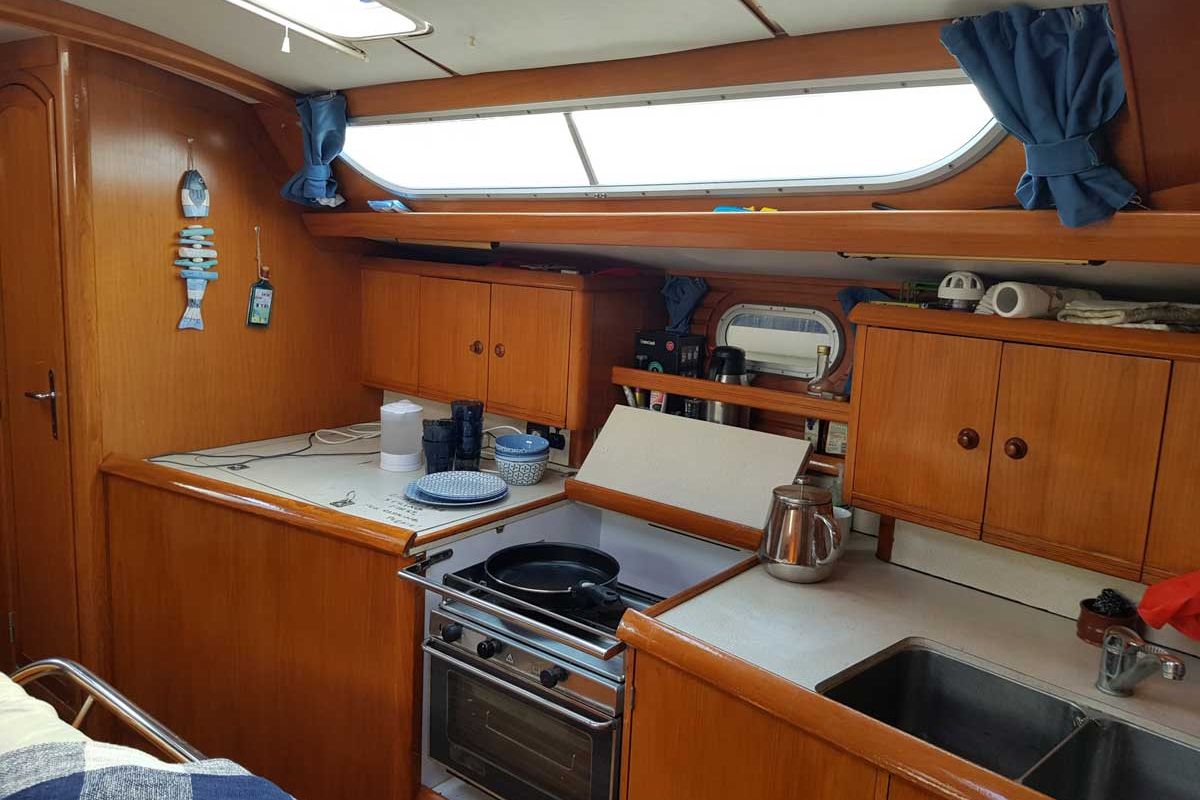 Galley of Rapsodia, a Jeanneau Sun Odyssey 45.2 sailboat at Gouvia, Greece