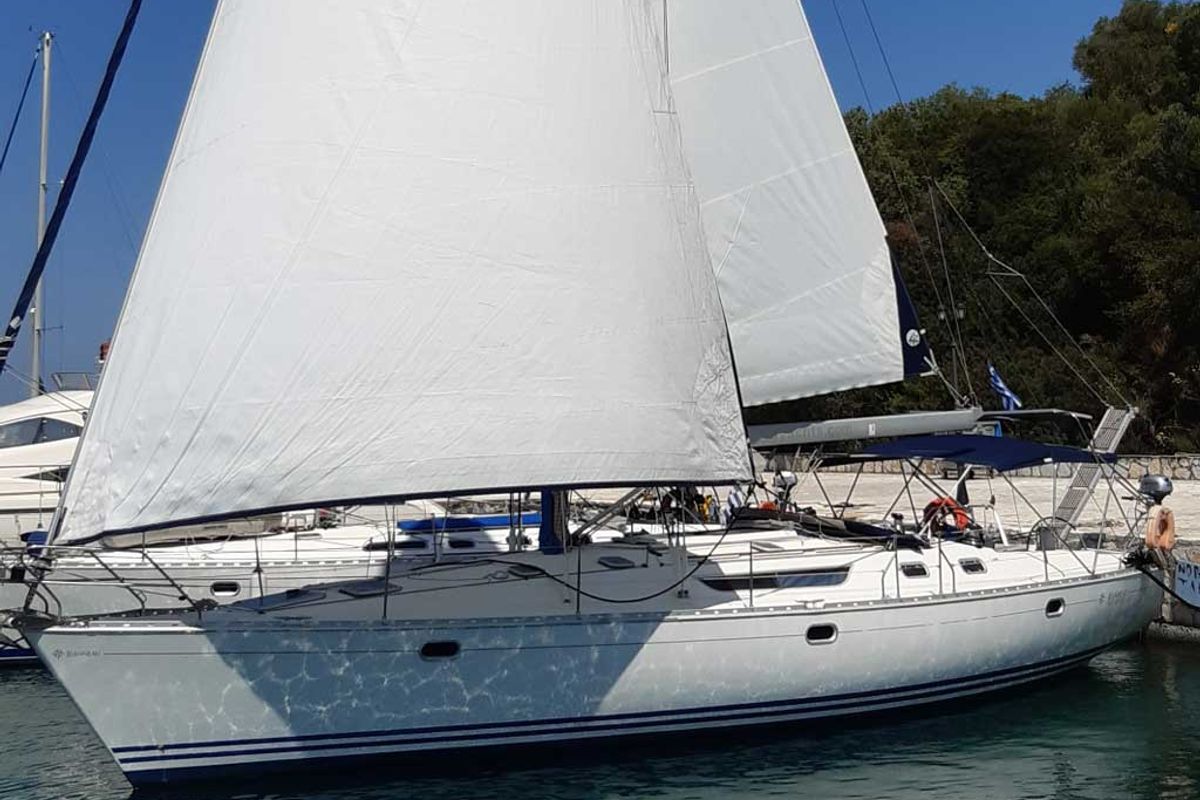 Exterior view of Rapsodia, a Jeanneau Sun Odyssey 45.2 sailboat at Gouvia, Greece