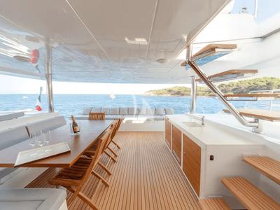 Deck of Royal Destiny, a Lagoon 620 catamaran at Athens, Greece