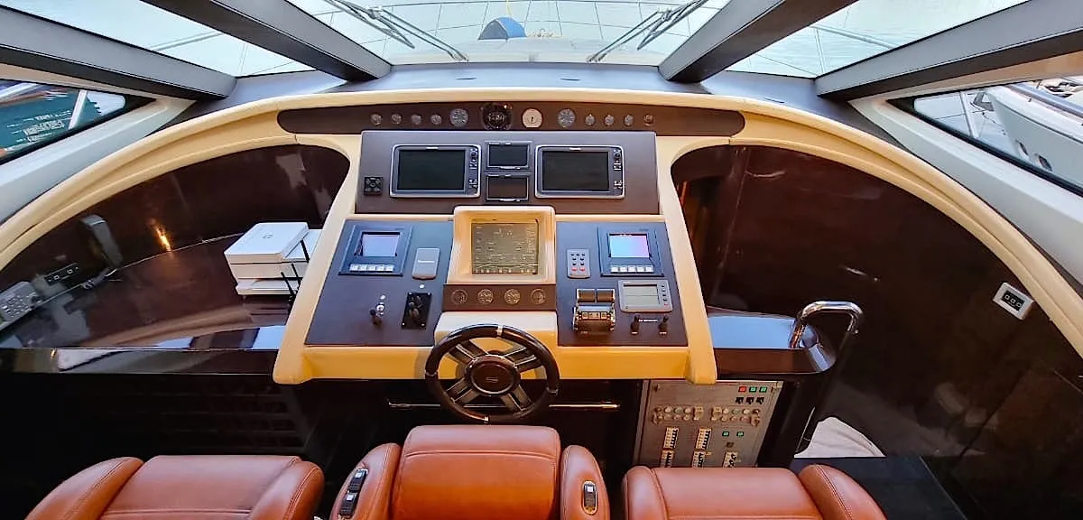 Cockpit of Super Toy, a Azimut 86 yacht at Gouvia, Greece