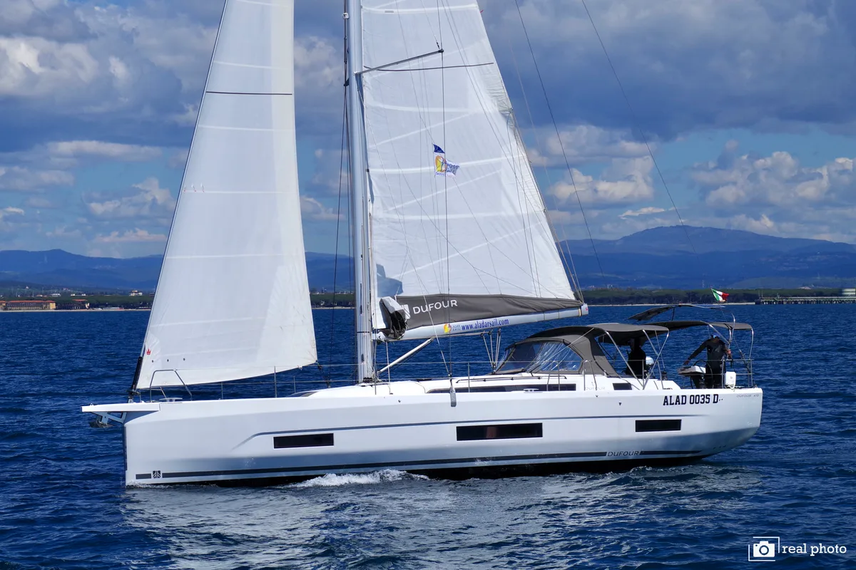 Exterior view of Lucia, a Dufour 470 sailboat at Puntone di Scarlino, Italy