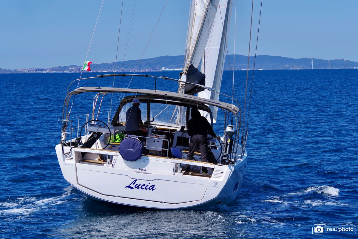 Cockpit of Lucia, a Dufour 470 sailboat at Puntone di Scarlino, Italy