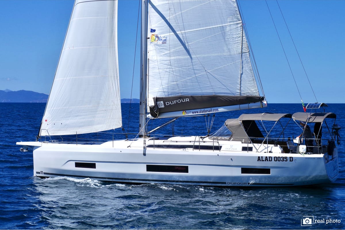 Exterior view of Lucia, a Dufour 470 sailboat at Puntone di Scarlino, Italy