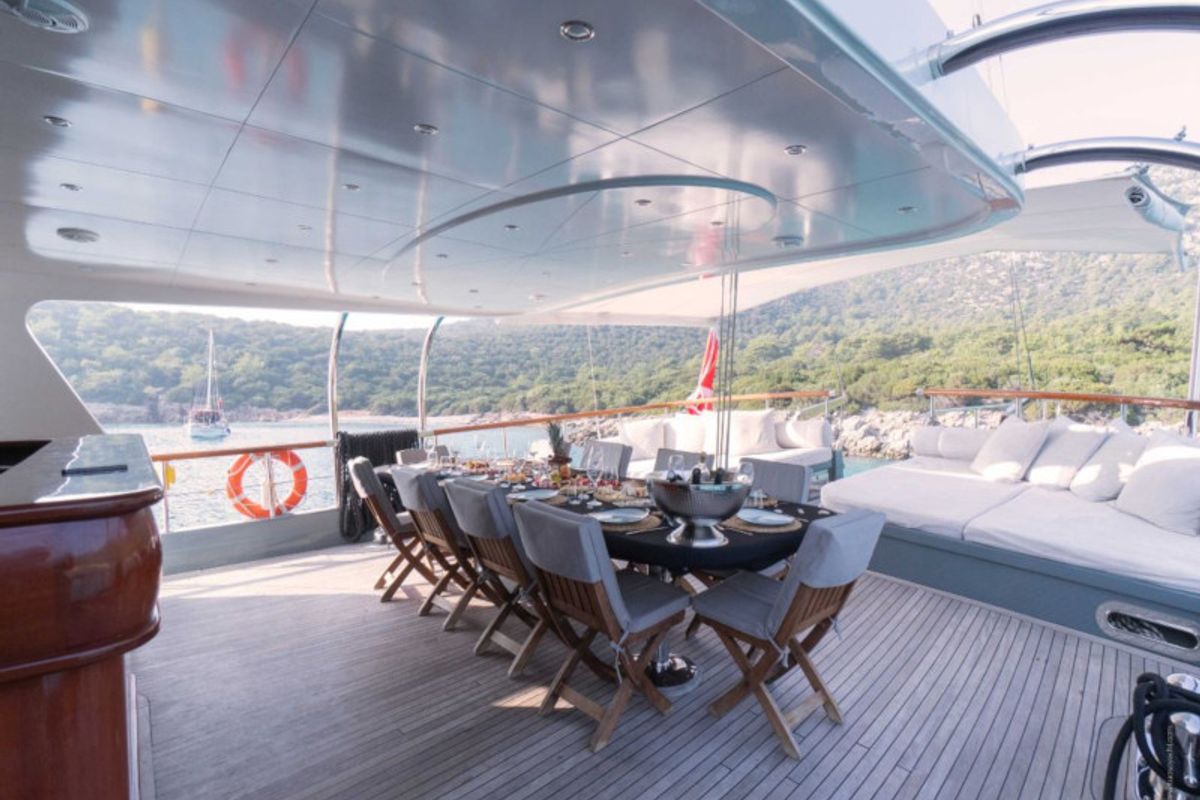 Deck of Virtuoso, a Gulet Gulet sailboat at Lavreotiki Municipal Unit, Greece
