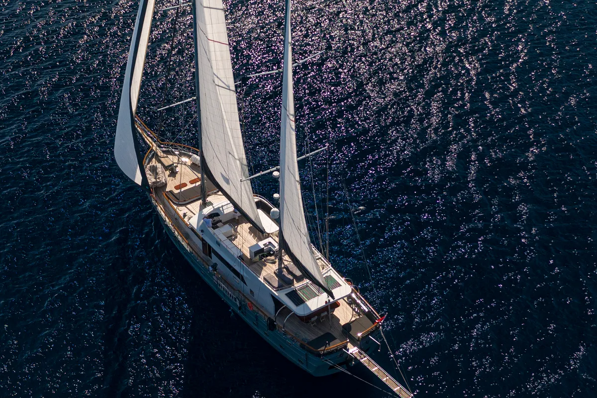 Exterior view of Virtuoso, a Gulet Gulet sailboat at Lavreotiki Municipal Unit, Greece