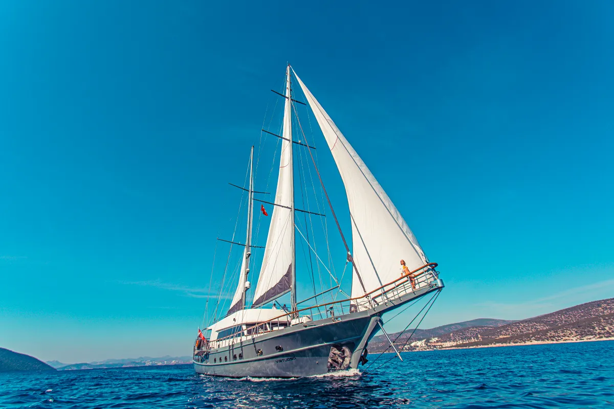 Exterior view of Virtuoso, a Gulet Gulet sailboat at Lavreotiki Municipal Unit, Greece