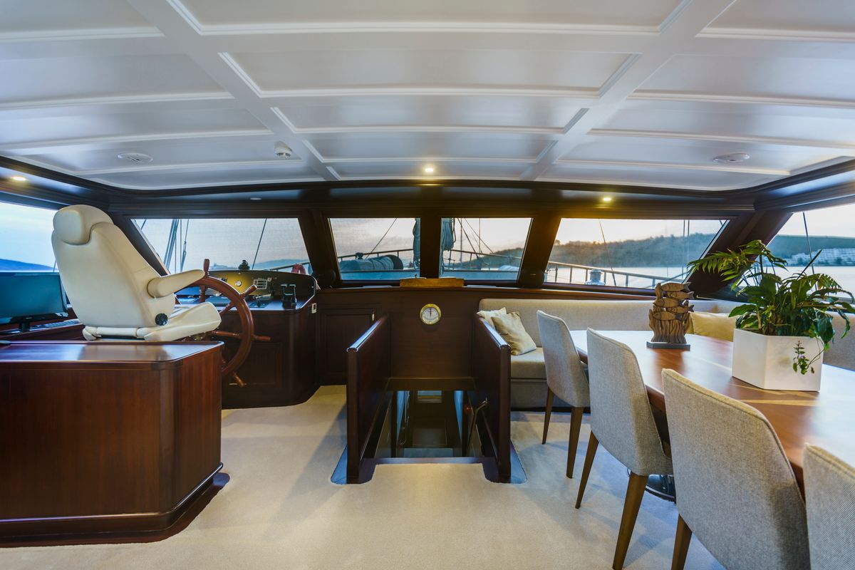 Cockpit of Virtuoso, a Gulet Gulet sailboat at Lavreotiki Municipal Unit, Greece