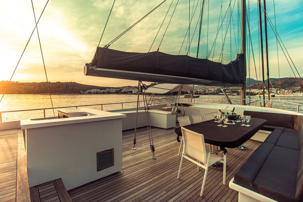 Deck of Virtuoso, a Gulet Gulet sailboat at Lavreotiki Municipal Unit, Greece