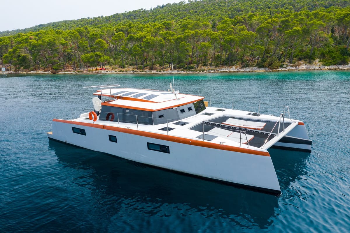 Exterior view of Orange, a Luna 47 Power catamaran at Split, Croatia
