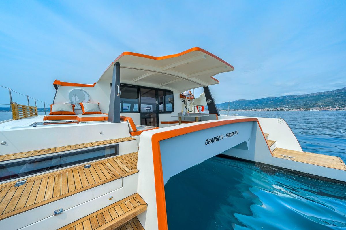 Deck of Orange, a Luna 47 Power catamaran at Split, Croatia