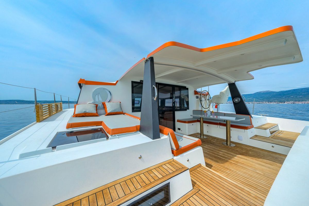 Deck of Orange, a Luna 47 Power catamaran at Split, Croatia