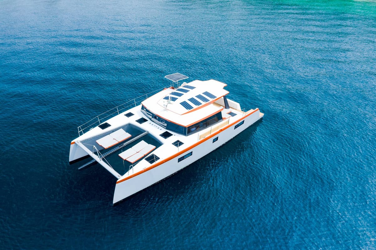 Exterior view of Orange, a Luna 47 Power catamaran at Split, Croatia