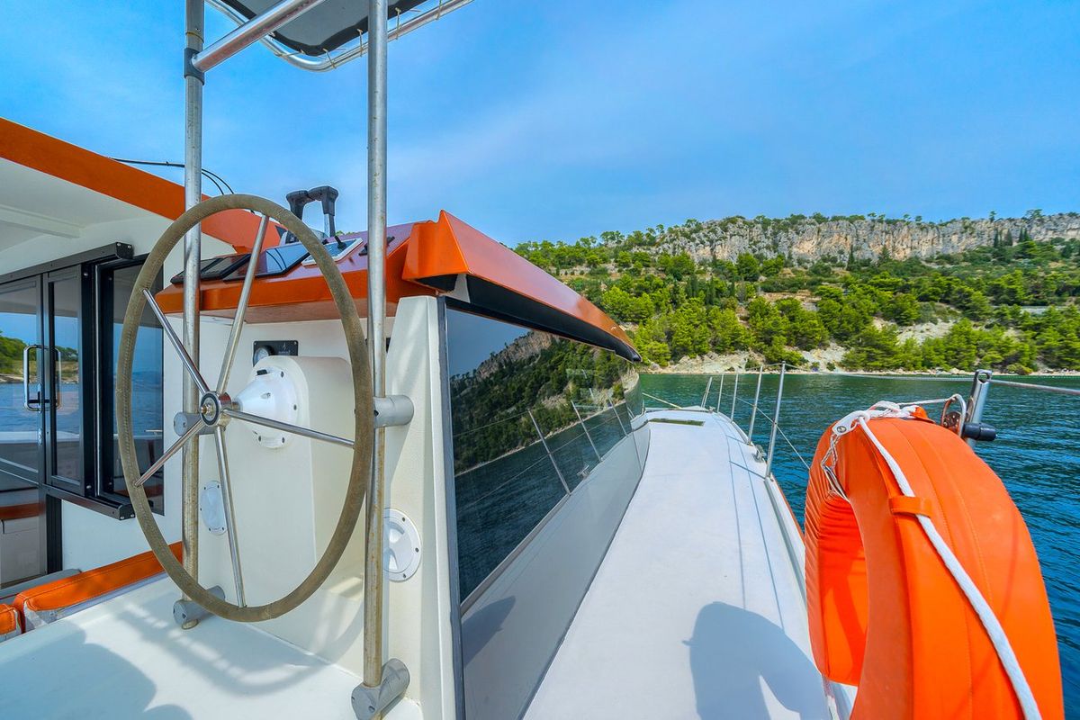 Cockpit of Orange, a Luna 47 Power catamaran at Split, Croatia