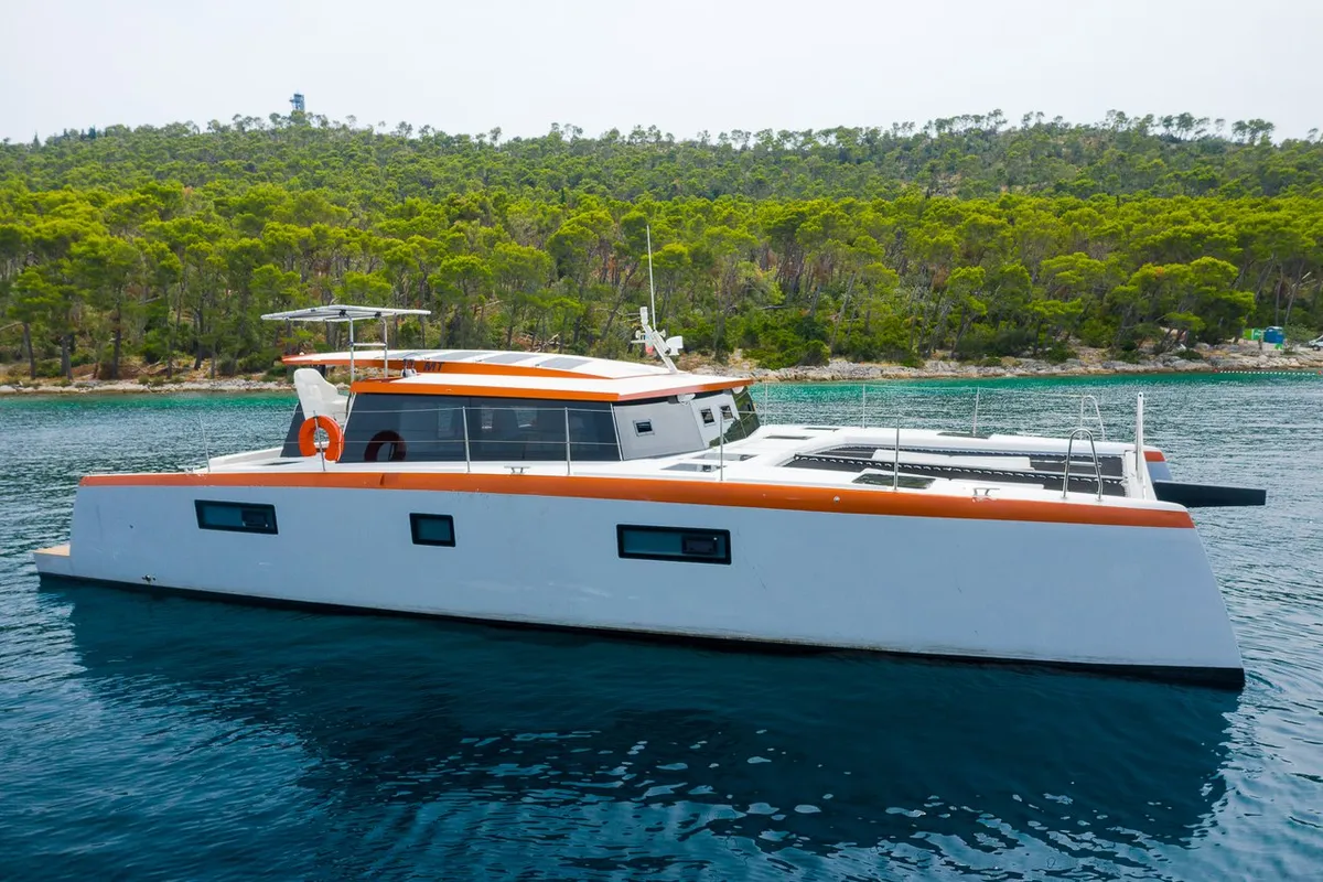 Exterior view of Orange, a Luna 47 Power catamaran at Split, Croatia