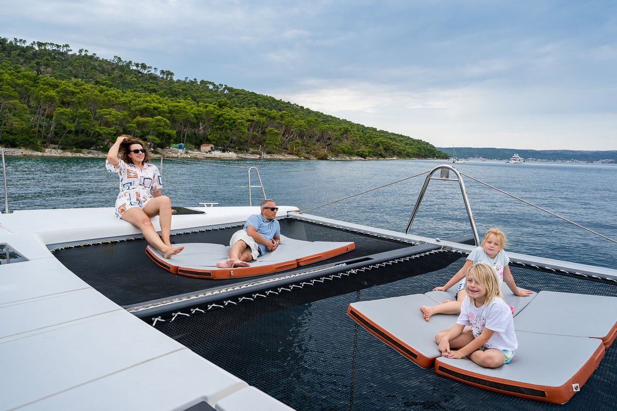 Deck of Orange, a Luna 47 Power catamaran at Split, Croatia