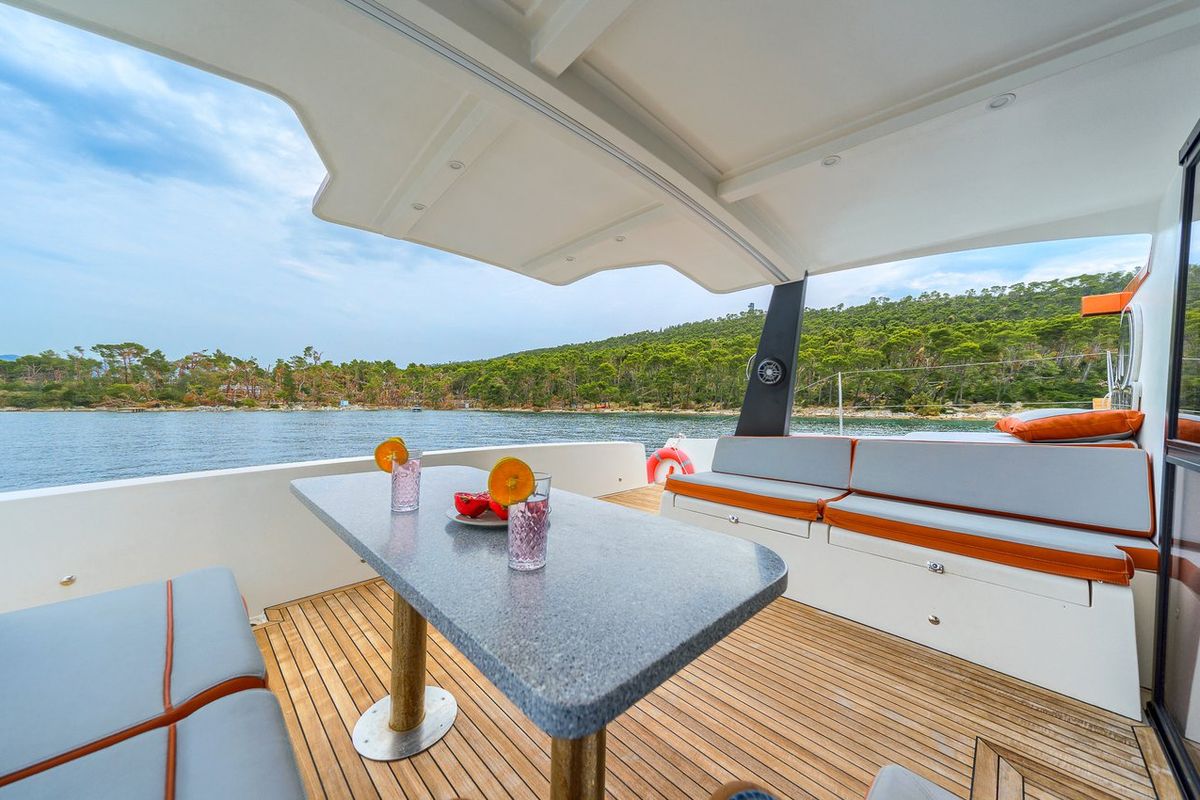 Deck of Orange, a Luna 47 Power catamaran at Split, Croatia