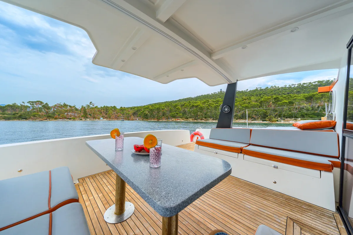 Orange, a Luna 47 Power catamaran at Split, Croatia