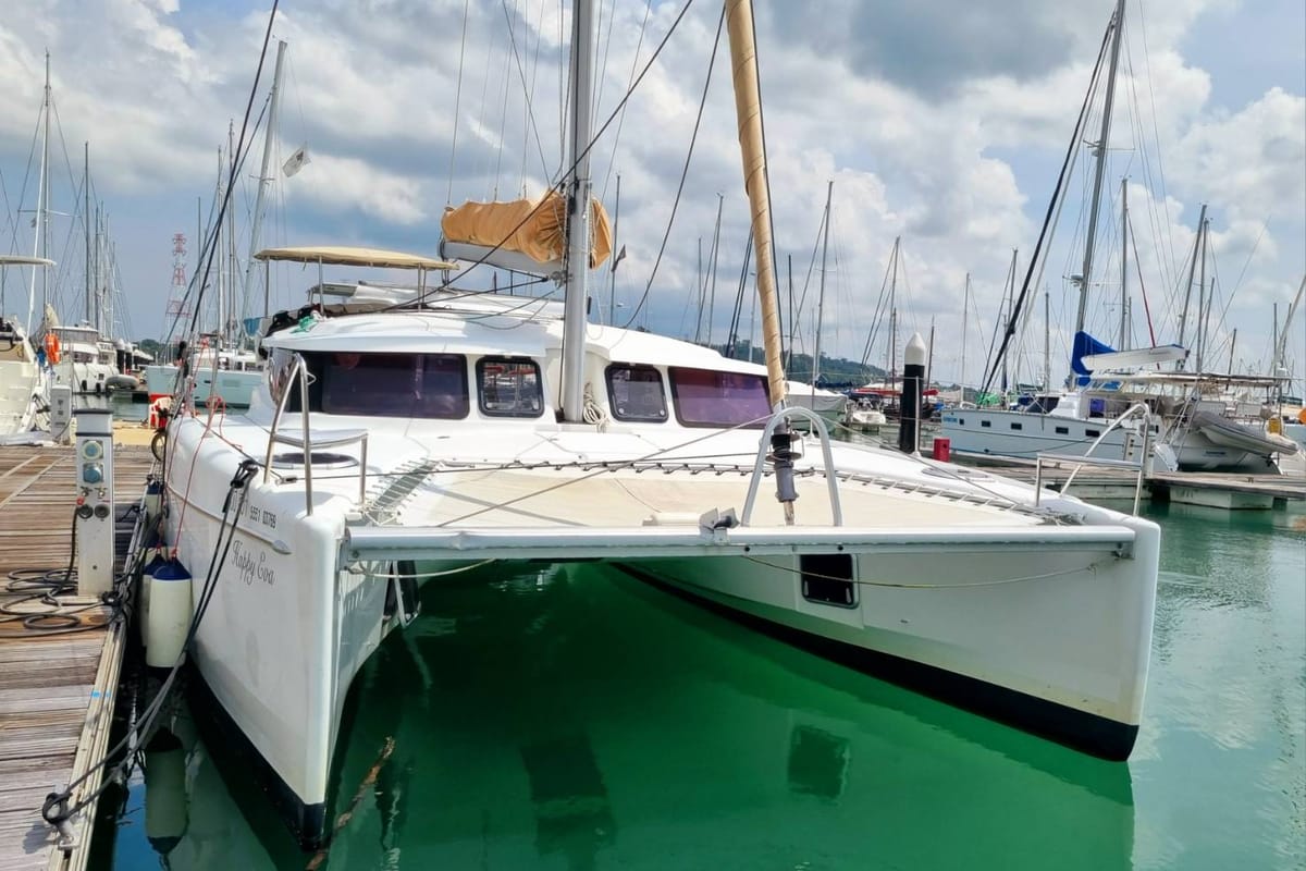 Exterior view of Happy Eva, a Fountaine Pajot Mahe 36 catamaran at Mai Khao, Thailand