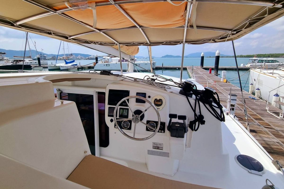 Cockpit of Happy Eva, a Fountaine Pajot Mahe 36 catamaran at Mai Khao, Thailand
