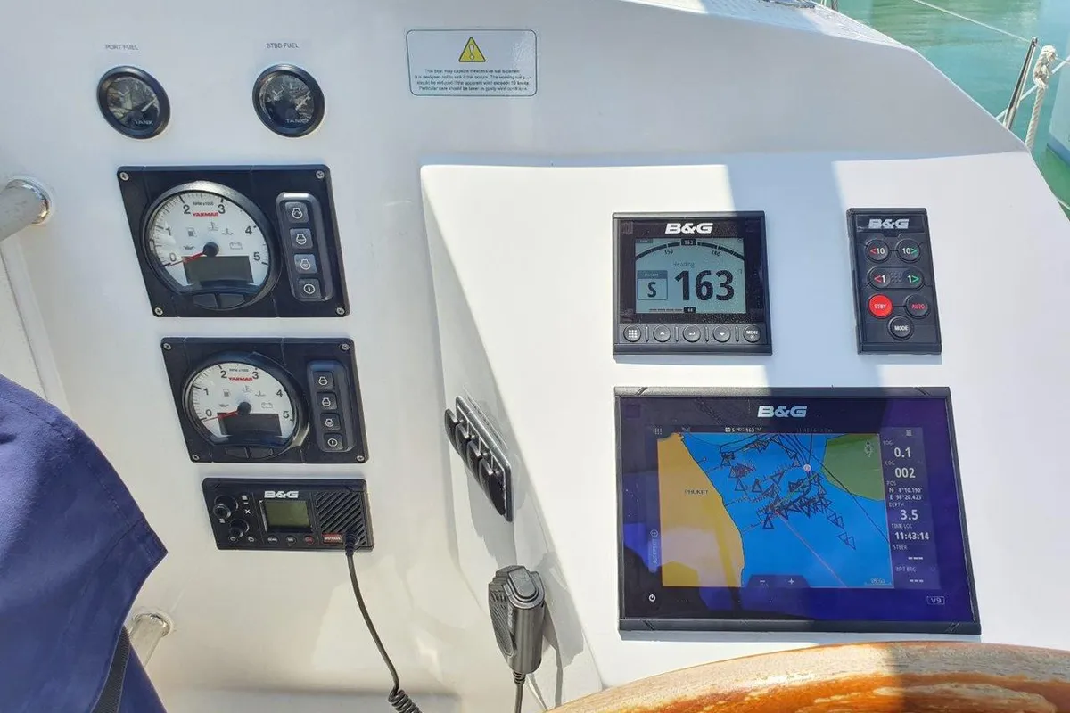 Cockpit of Kaya, a Island Spirit Yachts Island Spirit 410 catamaran at Mai Khao, Thailand