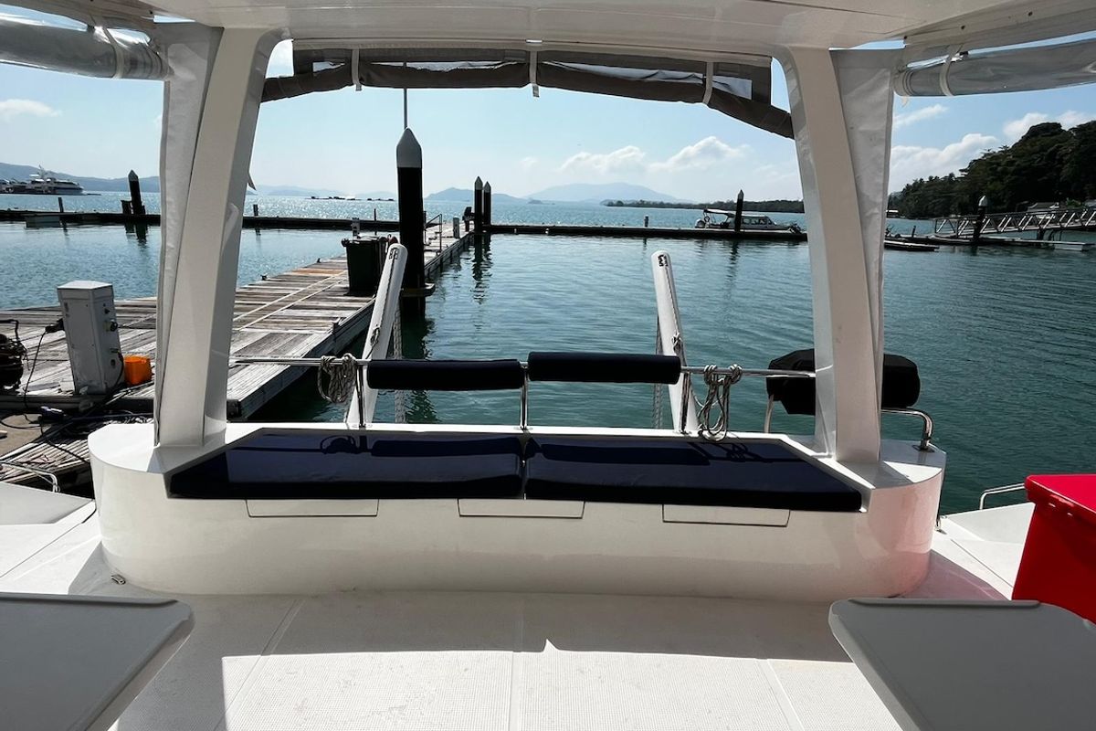 Deck of Kaya, a Island Spirit Yachts Island Spirit 410 catamaran at Mai Khao, Thailand