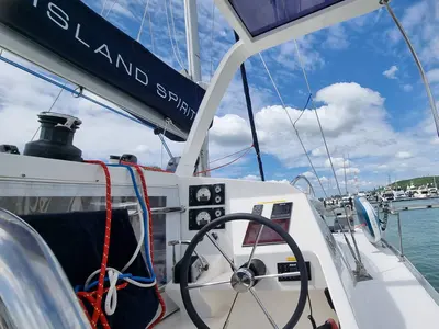 Cockpit of Kaya, a Island Spirit Yachts Island Spirit 410 catamaran at Mai Khao, Thailand
