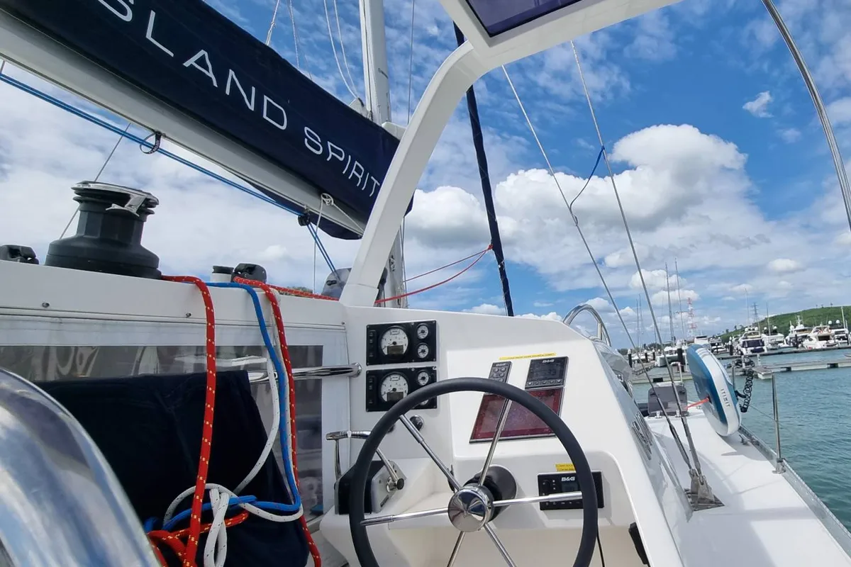 Cockpit of Kaya, a Island Spirit Yachts Island Spirit 410 catamaran at Mai Khao, Thailand