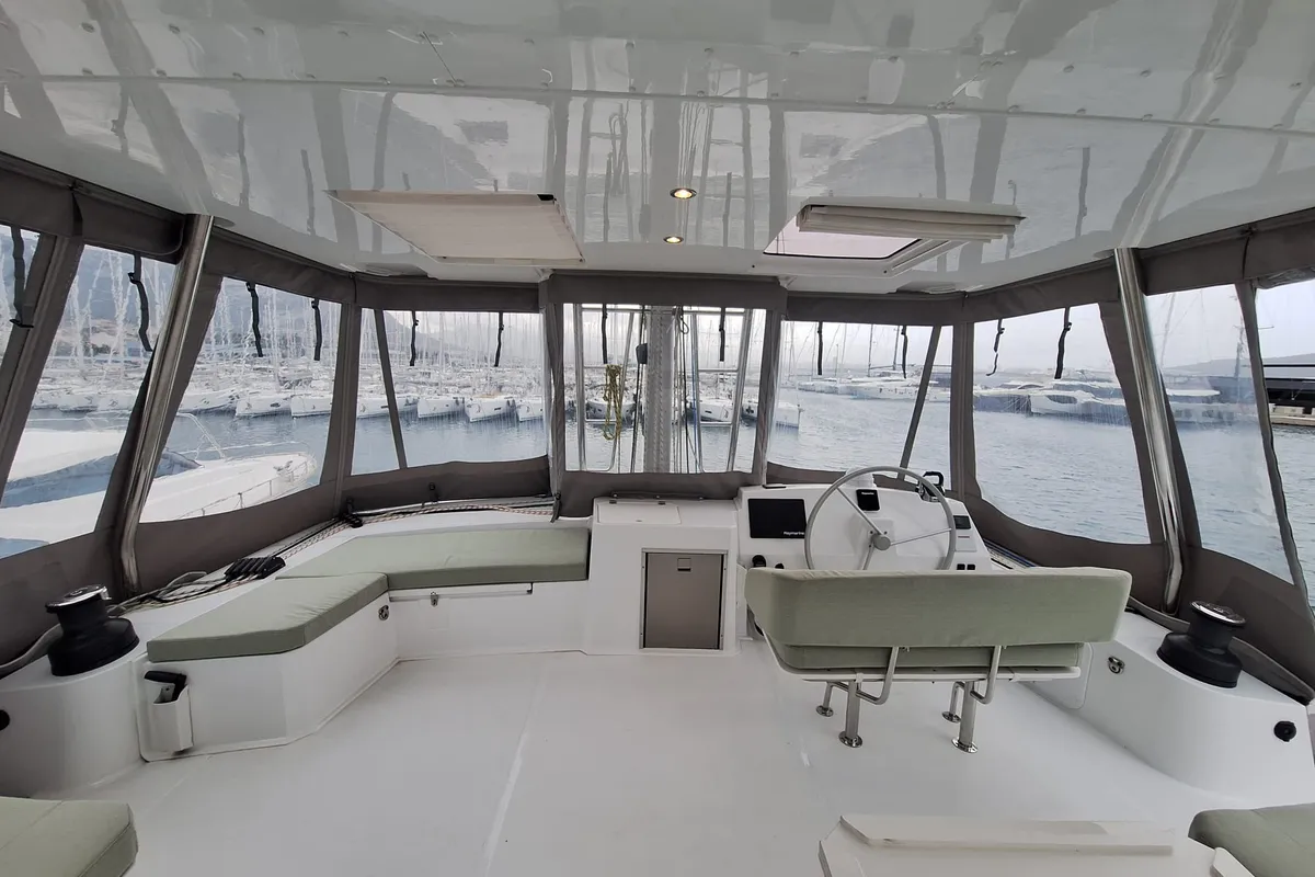 Cockpit of Gemini, a Bali 5.4 catamaran at Grad Kaštela, Croatia